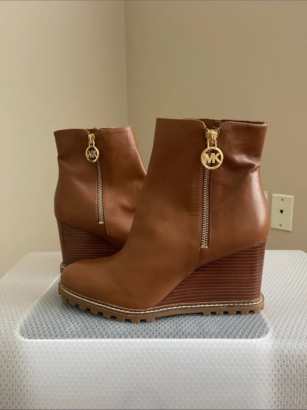 Michael Kors Cognac Leather Wedge Ankle Boots
